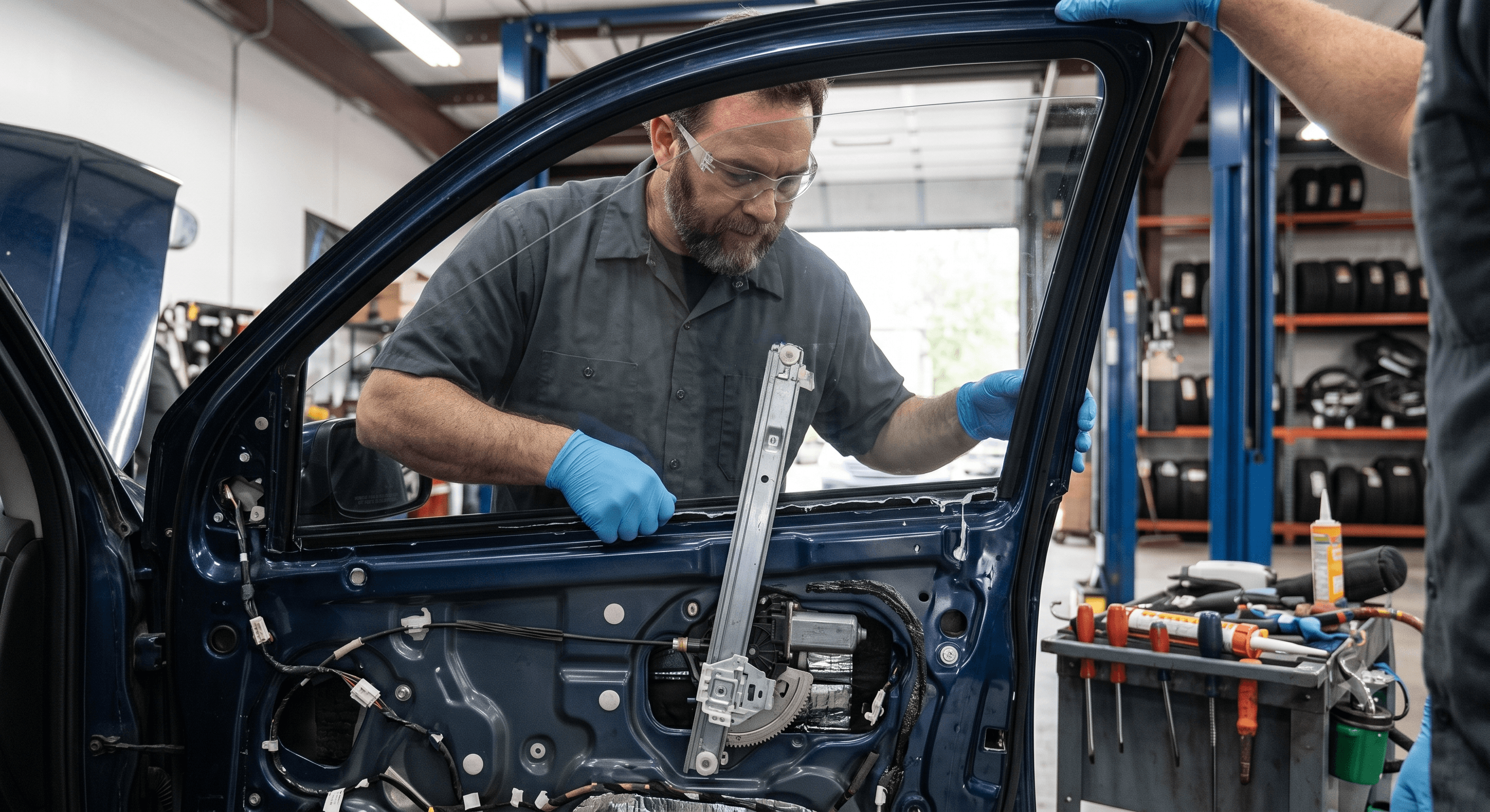 Technician installing a side window on a vehicle