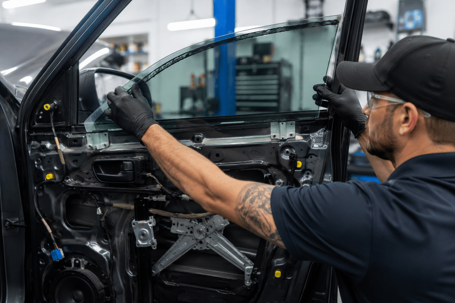 Installing car window in workshop