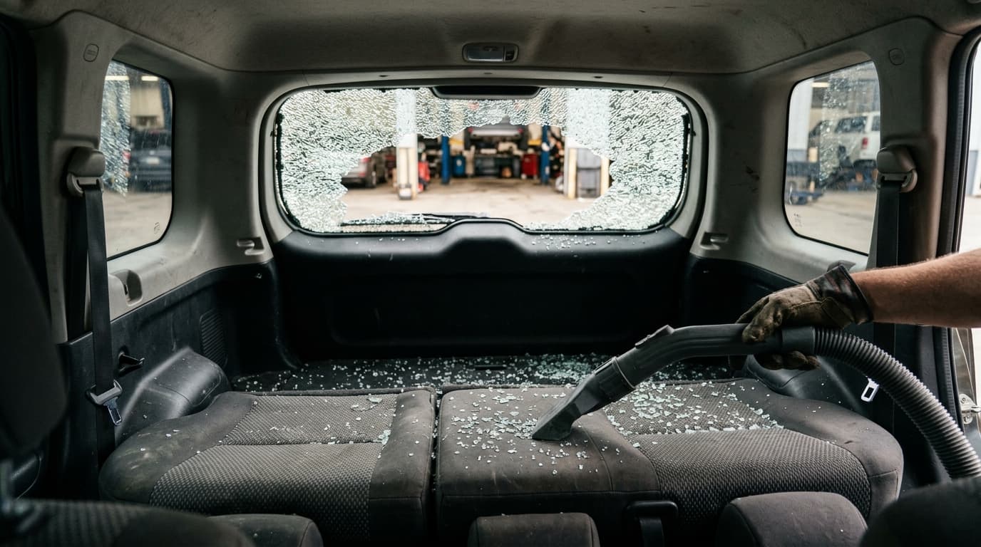 Vacuuming shattered rear glass from a vehicle