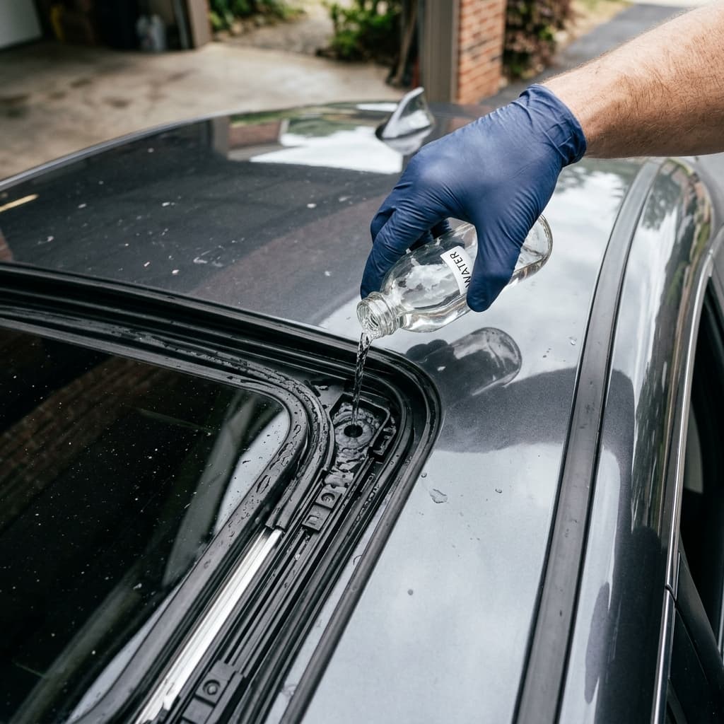 Technician testing sunroof drain with water